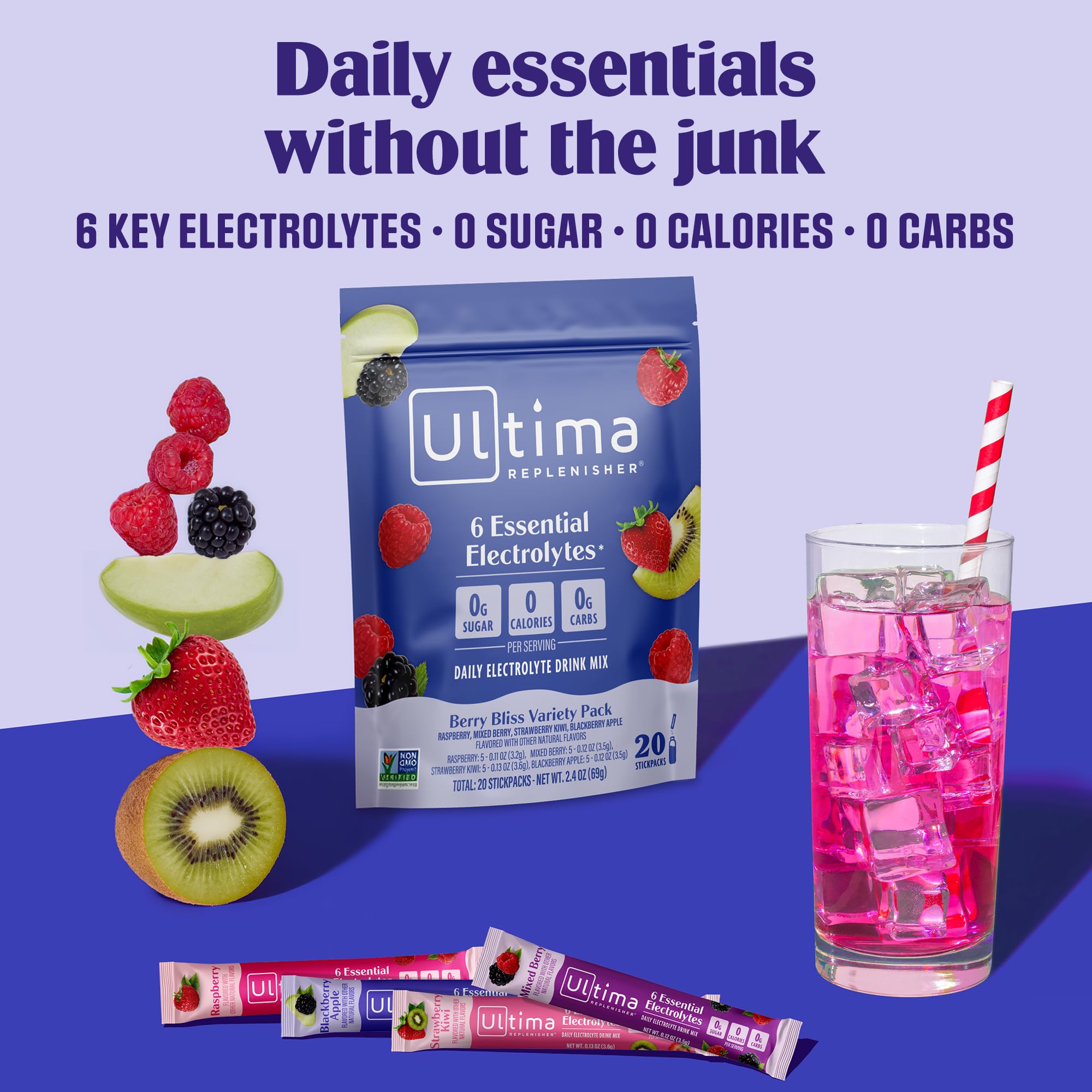 Ultima Replenisher Daily Electrolyte Powder – Raspberry, 20 Stickpacks – Zero Sugar Hydration Packets with 6 Electrolytes and Minerals – Sugar Free, Plant Based & Keto Friendly Drink Mix