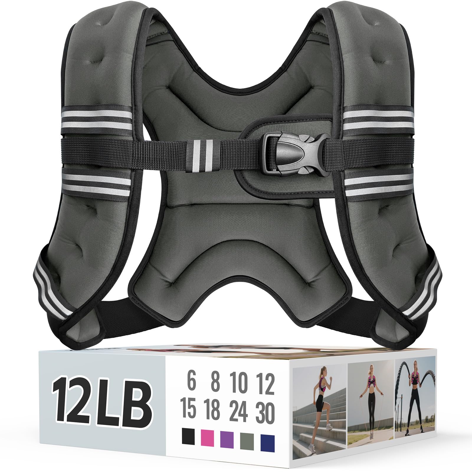 Zeerun Weighted Vest, 6lb/8lb/10lb/12lb/15lb/18lb/20lb/24lb/30lb for Men Women, Reflective Stripe Adjustable Buckle, Comfortable Durable Rucking Vest for Walking Running Strength Training