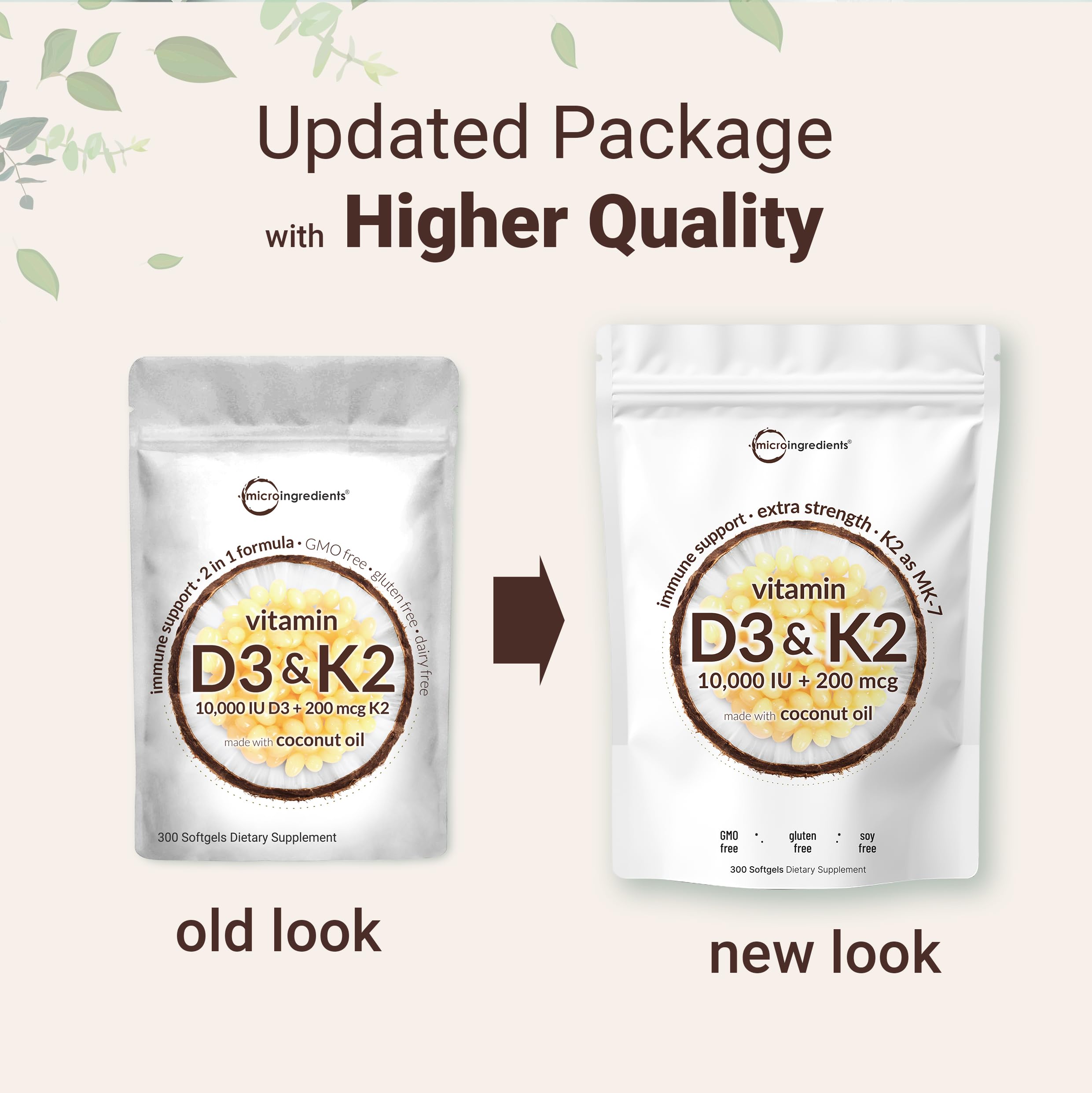 Micro Ingredients Vitamin D3 10,000 IU + K2 MK-7 200 mcg, 300 Softgels with Virgin Coconut Oil | 2-in-1 Vitamins D & K Complex | Extra Strength, Easy to Swallow, Non-GMO, Gluten Free